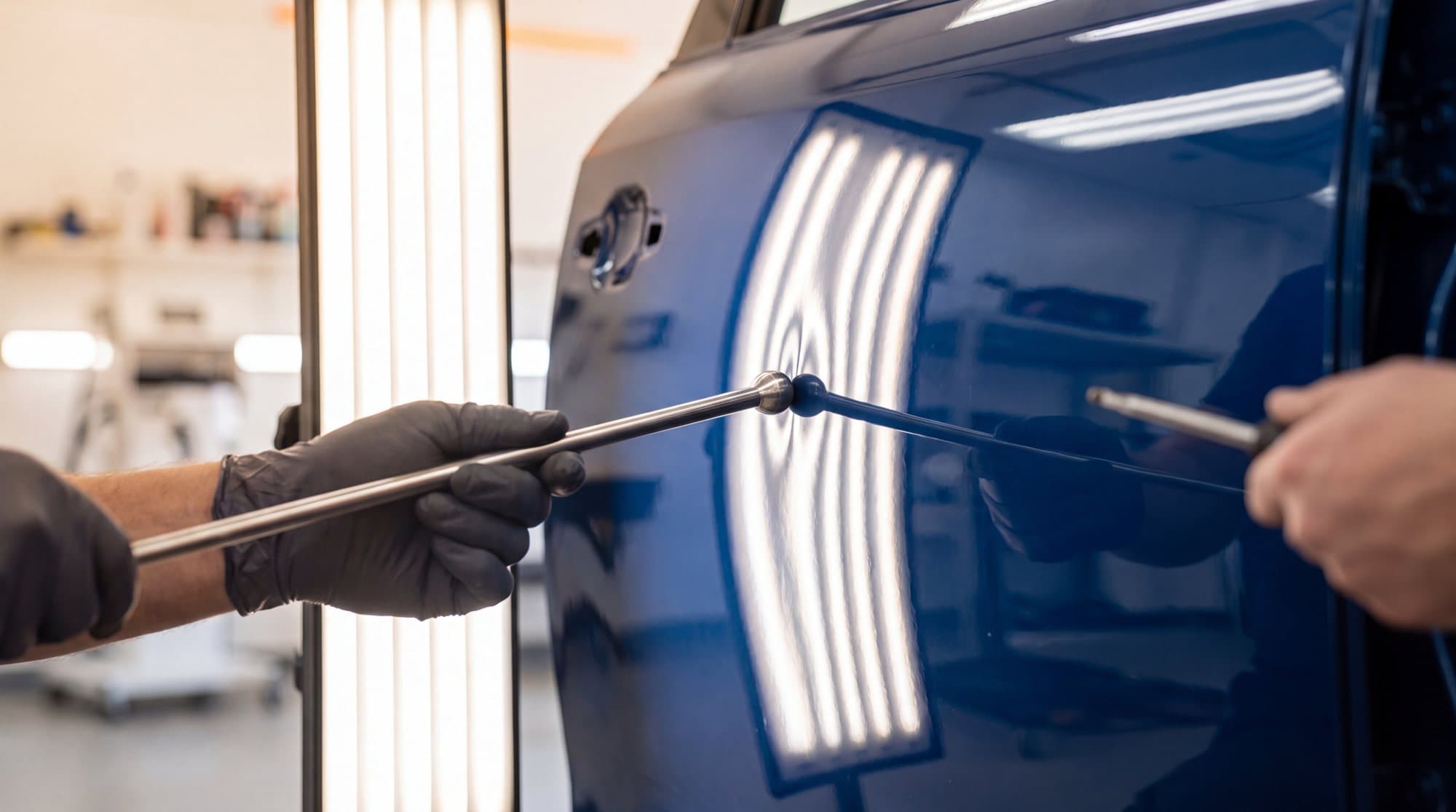 Bayinin servis atölyesinde boyasız göçük giderme uygulaması